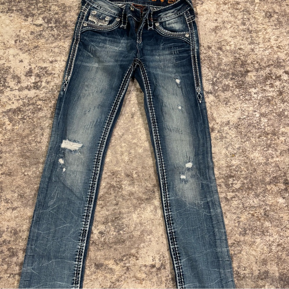 Rock Revival Blue Boot Cut Jeans with Distressed Details